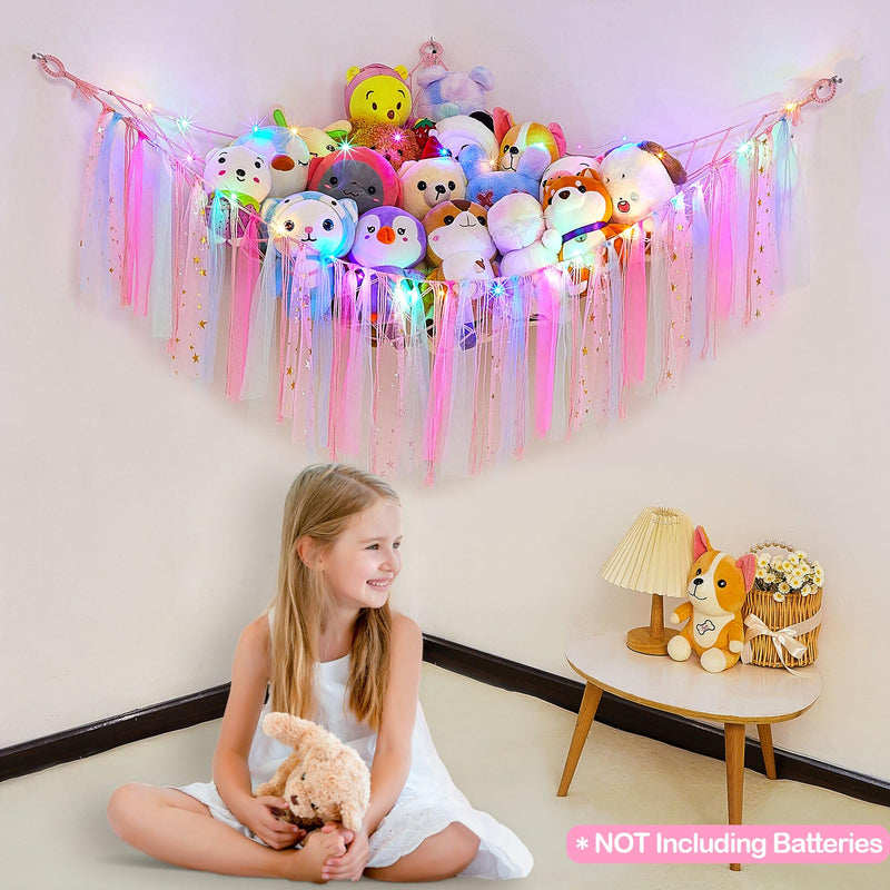 [Australia] - FIOBEE Stuffed Animals Net or Hammock with LED Light, Toy Hammock Hanging Stuffed Animals Storage Organizer Holder Room Décor for Nursery Kids Bedroom Pink 