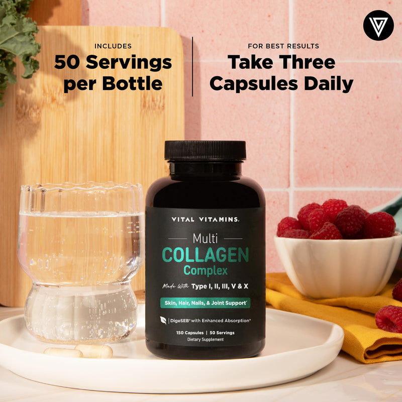 Vital Vitamins Multi Collagen Peptides Complex for Women & Men, 150 Pills | Supports Skin, Hair & Nails, 5 Collagen Types I II III V & X, Grass-Fed Non-GMO Collagen Supplements 150 Count (Pack of 1)