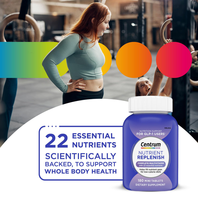 Centrum Nutrient Replenish Complete Multivitamin, 180 Tablets | Contains Vitamin C, Vitamin E and Zinc, Non-GMO Ingredients, Supports Memory and Cognition, GLP-1 Support