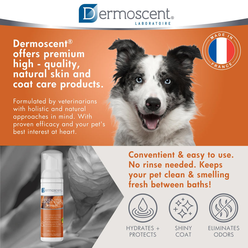Dermoscent Essential Mousse - Dry Shampoo for Dogs & Small Mammals - Rinse Free Foam to Cleanse Skin & Coat - Odour Control for Smelly Pets - Soap Free - 150ml - PawsPlanet Australia