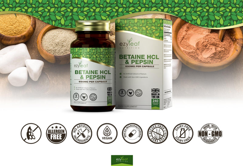 Ezyleaf Betaine HCL with Pepsin 650mg | 240 Vegan Capsules | Betaine Hydrochloride with Pepsin | Digestive Enzyme Supplements | No Artificial Ingredients | ISO Certified, Gluten Free Non-GMO 240 count (Pack of 1)
