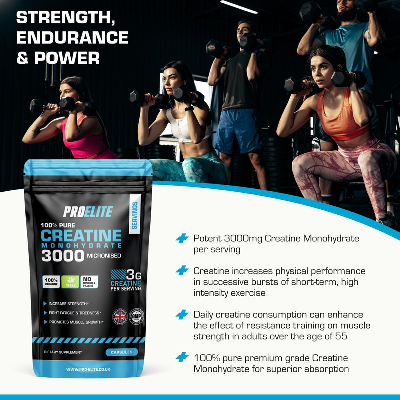 Creatine Capsules x 360 Vegan 3000mg of Unflavoured Creatine Monohydrate per Serving, NO FILLERS & Binders Micronised Pure Creatine Tablets Alternative by PROELITE 360 count (Pack of 1)