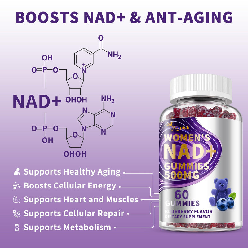 Wanish （2 Pack） NAD Gummies Supplements for Women, Pure 500mg NAD - Cell Regeneration, Energy & Metabolism Support, Vegan,Sugar Free, Additives Free, Blueberry Flavor 30 Count (Pack of 2)