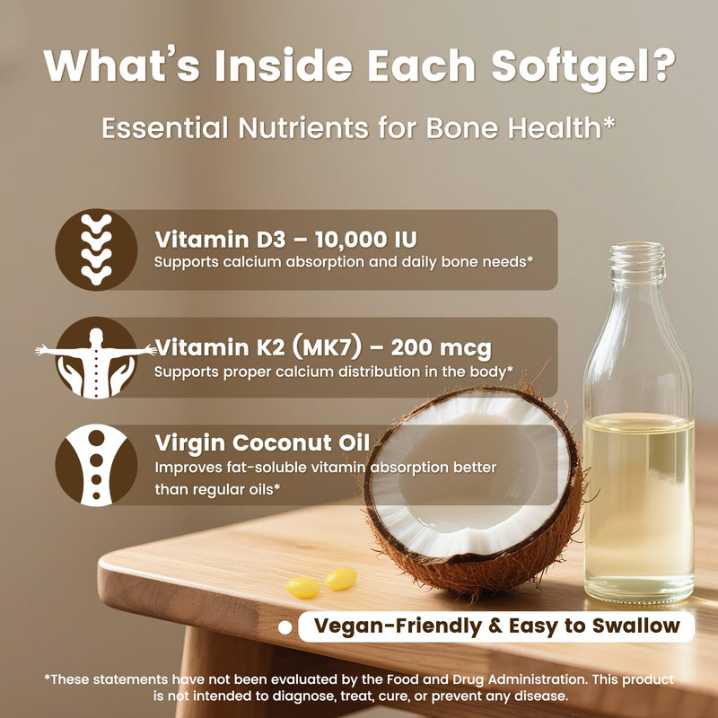 [Australia] - VEV Corefeel Vitamin D3 K2 10,000 IU, 200 mcg MK-7, 300 Coconut Oil Softgels, 2 in 1 Vitamins Supplement D & K (Include MK7), Easy to Swallow, Supports Calcium Absorption, Bone Health Unflavored 10000 IU Softgels 300 Count (Pack of 1) 