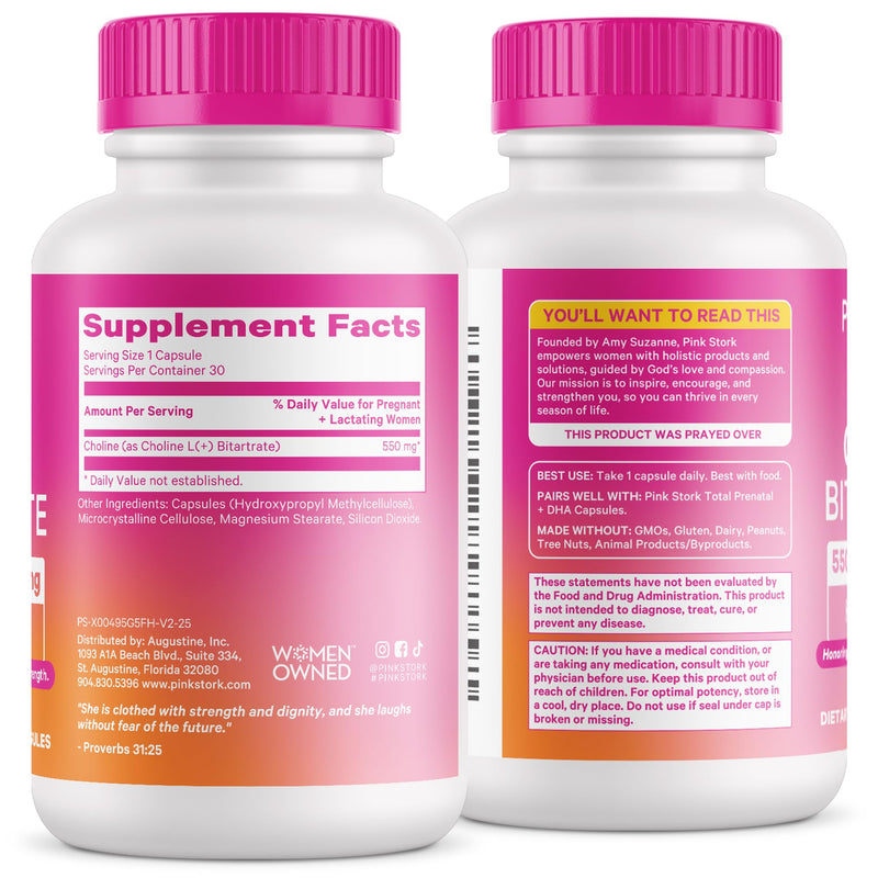 [Australia] - Pink Stork Choline - 550 mg Choline Bitartrate from VitaCholine for Pregnant + Postpartum Moms - Prenatal Vitamin for Fetal Cognitive Health + Breast Milk Quality - 1 Capsule Daily, 30 Count 