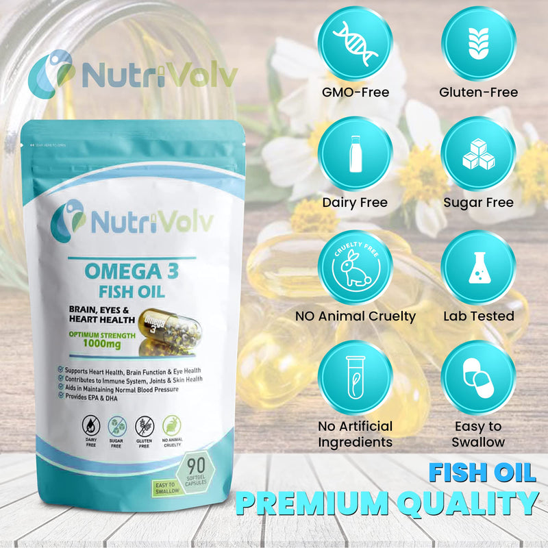 Nutrivolv Ultra Purified Omega 3 Fish Oil Capsules With Essential Fatty Acids EPA & DHA Supports Heart, Eye & Brain Health | 90 Softgel Capsules 90 count (Pack of 1)