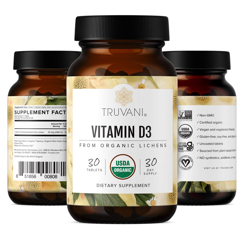 Truvani Organic Vitamin D3 | 30 Tablets | Vegan | Plant-Based, USDA Organic, Gluten-Free, Non-GMO, Vegan D3 Supplement | Supports Bone, Immune & Brain Health