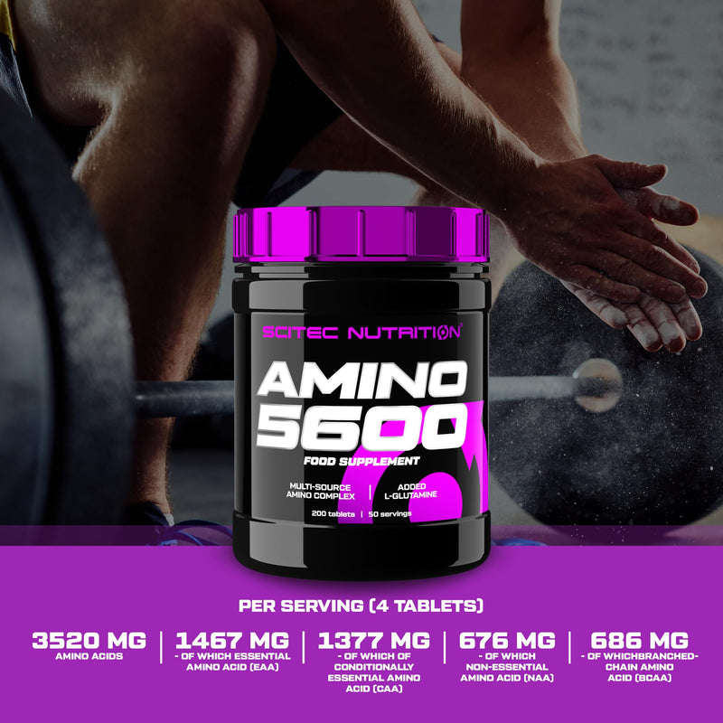 Scitec Nutrition Amino 5600 Tablets, Essential & BCAA Amino Acids with L-Glutamine, Support Muscle Recovery & Growth, Suitable for Men & Women, Whey Protein & Caseinate Formula, 200 Tablets 200 count (Pack of 1)