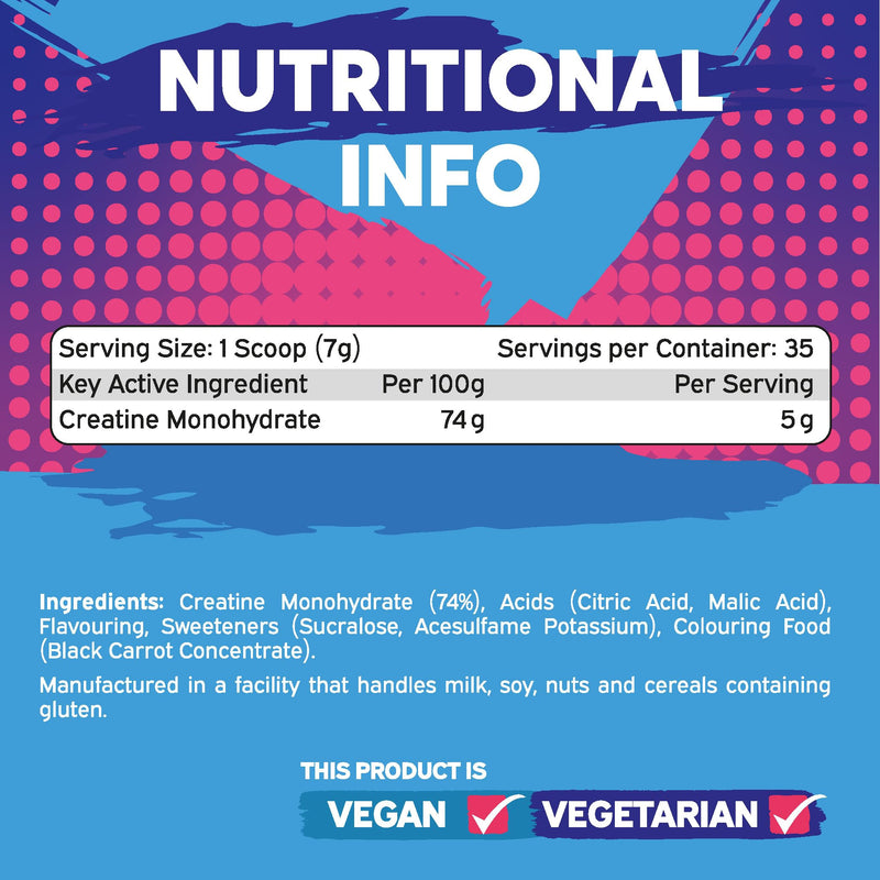 Protein Dynamix - Creatine Monohydrate Powder • Mixed Berry Flavour • 250g Tub (38 Servings) • Vegan & Gluten Free • Micronised Creatine Supplement for Muscle Strength, Power, Performance & Recovery 250 g (Pack of 1)