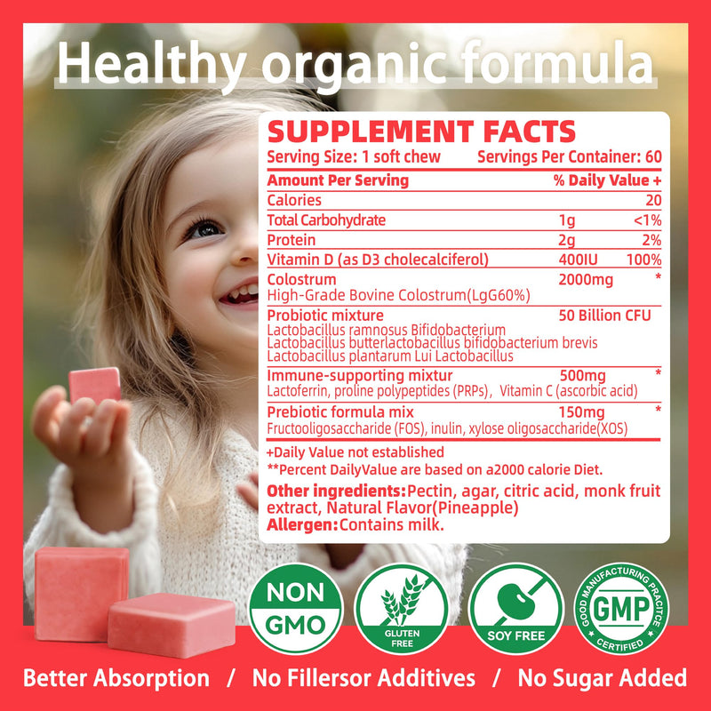 [Australia] - Bovine Colostrum Chews Supplement with probiotics for Gut Health, Bloating, Immune Support, Skin, Hair Growth and Beauty - Strawberry Flavor (60 Servings) 60 Count (Pack of 1) 