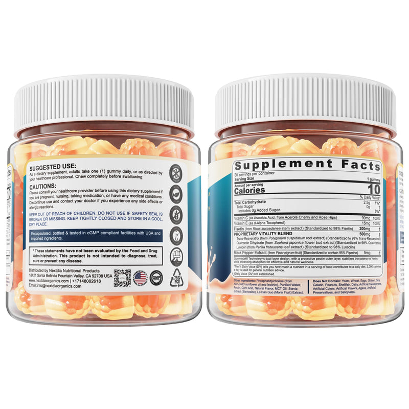 [Australia] - Liposomal Fisetin 200mg & Resveratrol Complex 500mg Liquid Gummies - Longevity & Cell Renewal Support - 98% High Purity Fisetin,Trans-Resveratrol Quercetin Luteolin with Vitamins C & E, 1-A-Day, 60Cts 60 Count (Pack of 1) 
