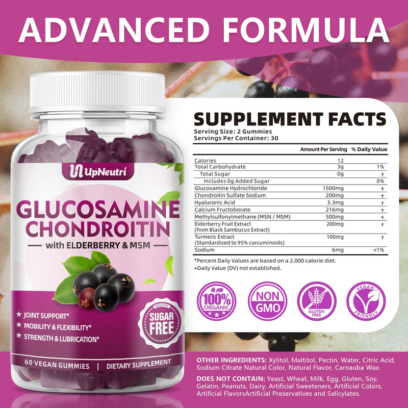 [Australia] - Glucosamine Chondroitin Gummies Sugar Free, Extra Strength 1500mg Glucosamine with Chondroitin MSM & Turmeric, Joint Support Supplement for Men & Women Joint Health (60 Count (Pack of 1)) Elderberry 60 Count (Pack of 1) 