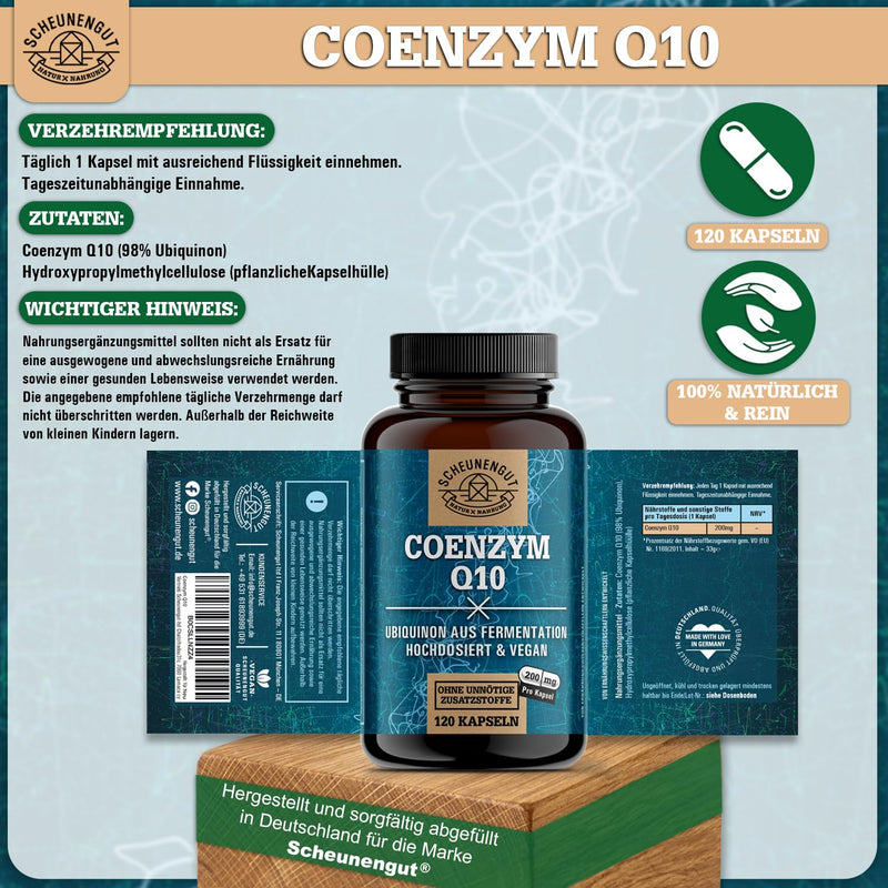[Australia] - Coenzyme Q10-200mg per capsule - IMPORTANT: Q10 high dosage with laboratory-tested recipe + bioactive ubiquinol I Q10 capsules high dosage I 120 vegan capsules I DE I SCHEUNENGUT® 