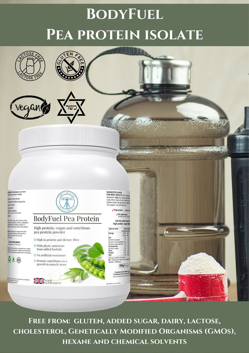 BodyFuel Hypoallergenic Pea Protein Isolate Powder – Non-Bloating Plant Protein with Phytonutrients, Green Tea, Chicory, Dandelion & Acai – Vegan, 500g