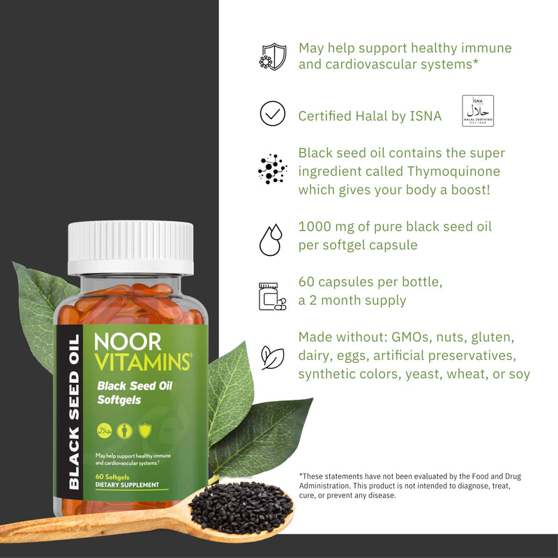 [Australia] - Noor Vitamins Halal Black Seed Oil Capsules, Halal Vitamins, 1000 mg Black Seed Oil from Nigella Sativa, Thymoquinone, Non-GMO, Gluten Free, 60 Count 
