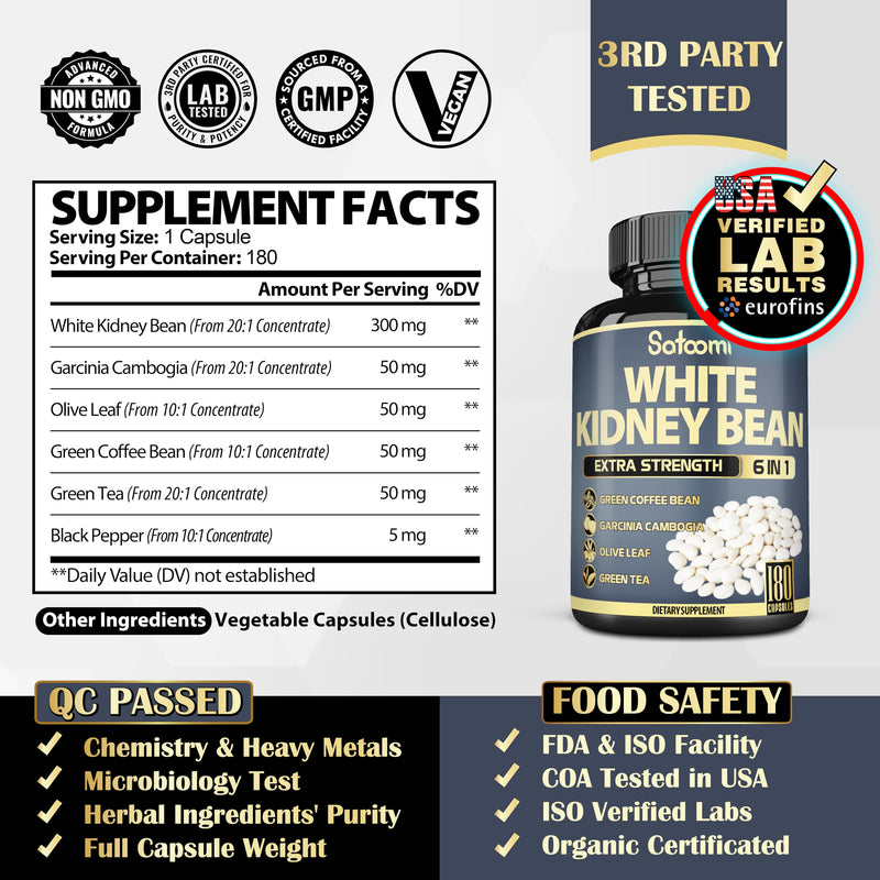 [Australia] - Satoomi 6in1 White Kidney Bean Extract Capsules - 6 Month Supply - Extra Blend with Olive Leaf, Green Coffee Bean & Green Tea - 180 Counts 