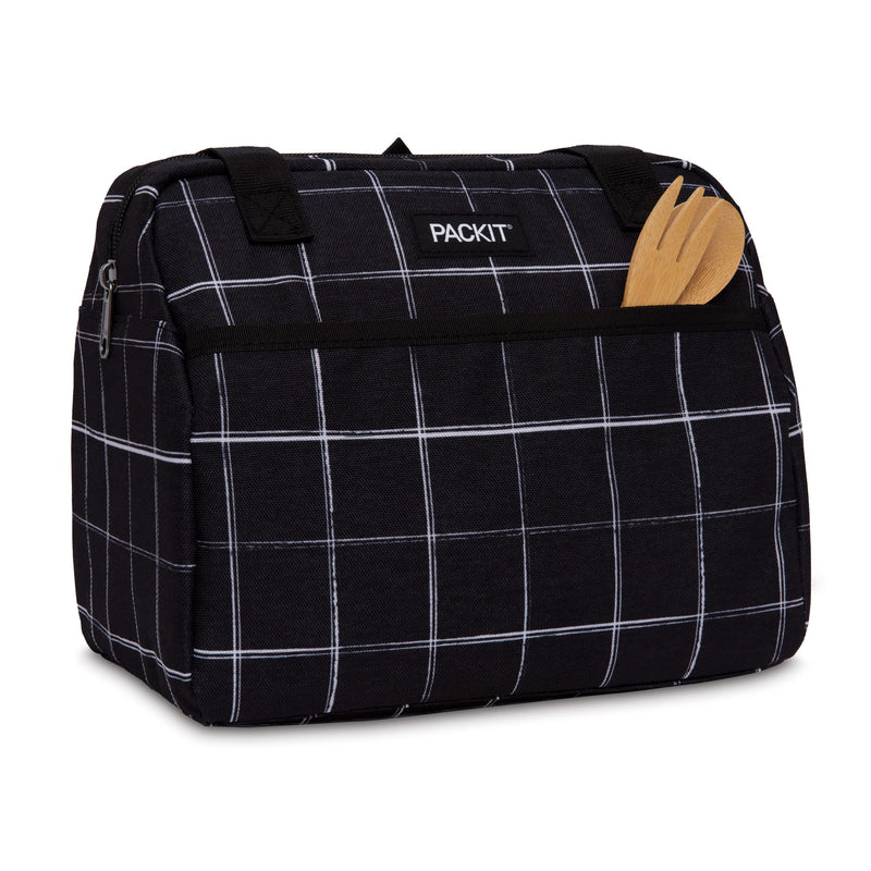 [Australia] - PackIt Freezable Hampton Lunch Bag, Black Grid, Built with EcoFreeze Technology, Collapsible, Reusable, Zip Closure with Front Pocket and Shoulder Straps, Perfect for Tweens and Adults 
