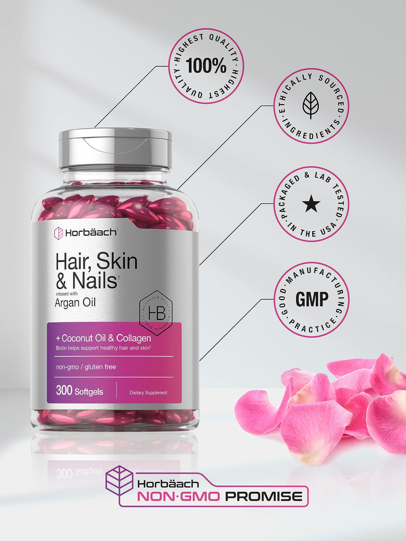 Horbäach Hair Skin and Nails Vitamins | 300 Softgels | with Biotin and Collagen | Infused with Argan Oil and Coconut Oil | Non-GMO, Gluten Free Supplement