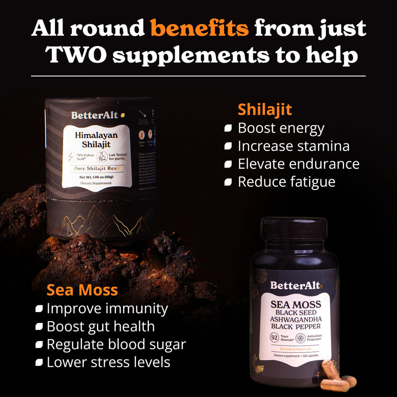 [Australia] - Shilajit Resin 30 gm & Sea Moss Capsules Energy Duo| Pure Himalayan Shilajit Gold Grade for Men & Women with High Potency & Irish Sea Moss with Black Seed Oil 