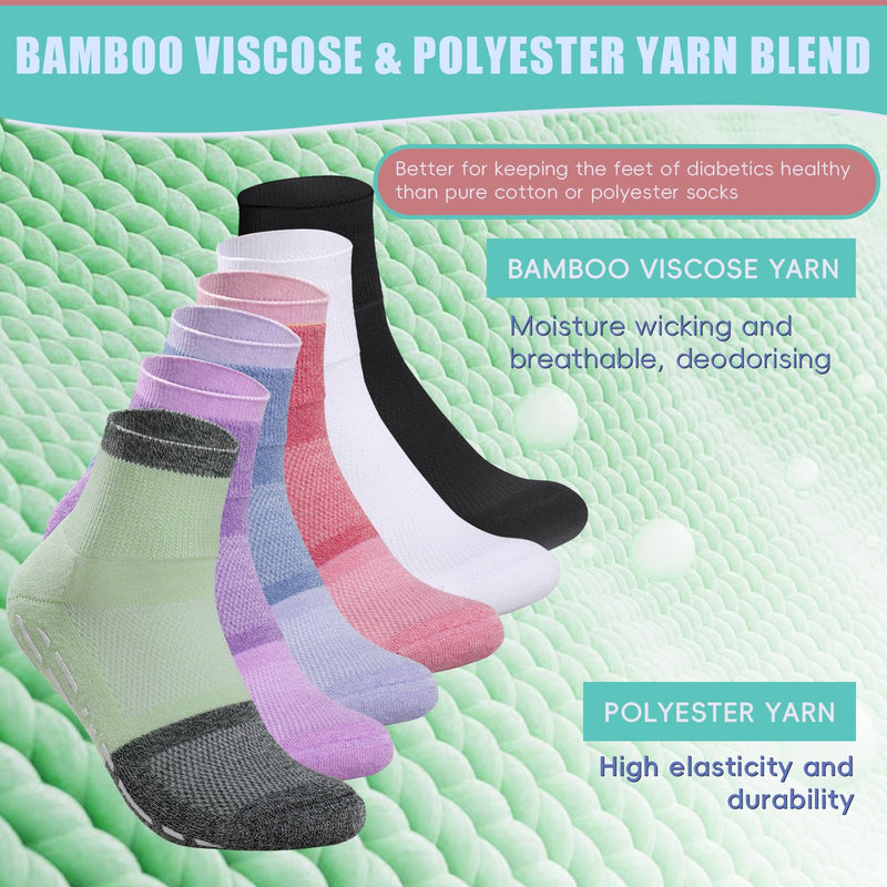 [Australia] - Diabetic Socks with Grippers for Men Women -6 Pairs Non Binding Diabetic Ankle Slipper Socks Size 6-9 9-12 Purple/Green/Orange Red/Pale Purple/Black/White Large 