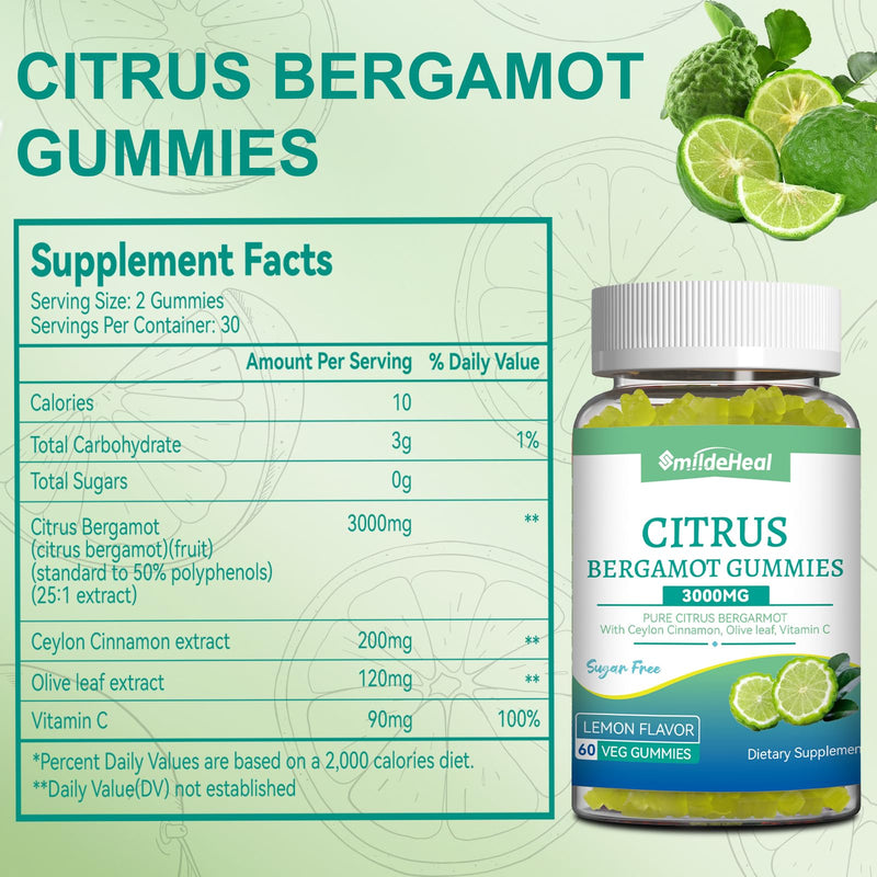Citrus Bergamot Gummies 3000mg, Cholesterol Gummies, 60 Count | Bergamot Supplement for High Cholesterol, Cholesterol Lowering Supplement for Heart, Immune System & Anti-Aging, Sugar Free 1