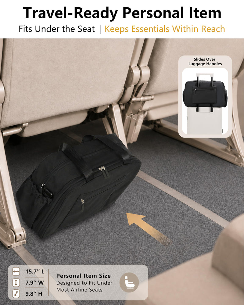 Expandable Travel Bag, Underseat Carry-On Weekender, Black | 15/20L Airline Personal Item Duffel for Women/Men with Shoe Compartment/Wet Pocket/Luggage Sleeve for Gym/Hospital/Maternity