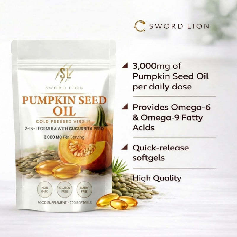 Premium Pumpkin Seed Oil 300 Softgels - EU Sourced Made in UK 3000mg - Cold Pressed Virgin Oil, GMP Certified, Non-GMO, Essential Fatty Acids Phytosterols, Bladder & Prostate Support Omega Rich