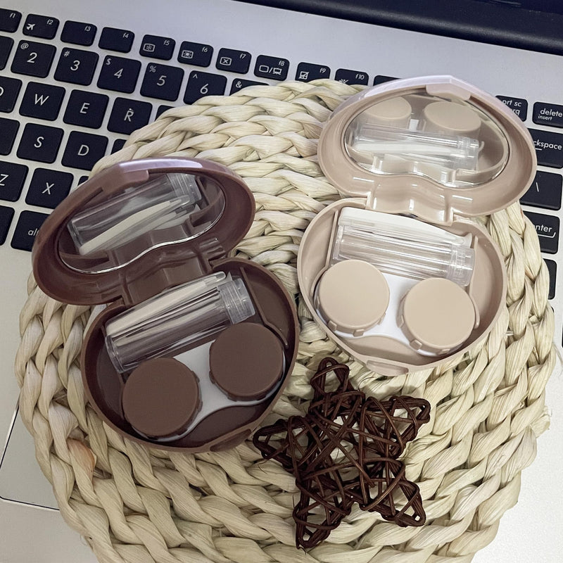 [Australia] - 2 Pack Heart Cute Contact Lens Case, Travel Contact Lens Box with Mirror Tweezers Remover Tool Solution Bottle for Outdoor Office Daily Use Beige, Light brown 