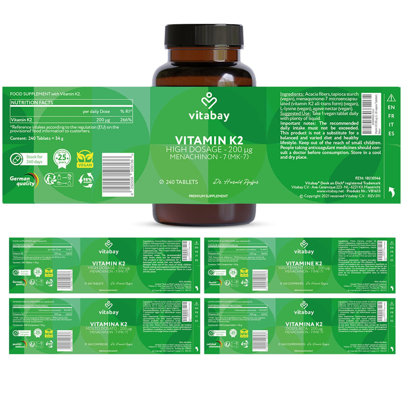 Vitabay Vitamin K2 MK-7 200 µg – 240 Vegan Tablets – Bones & Blood Clotting – High Strength MK7 All-Trans Microencapsulated – Lab Tested in Germany – 8 Month Supply 34 g (Pack of 1)