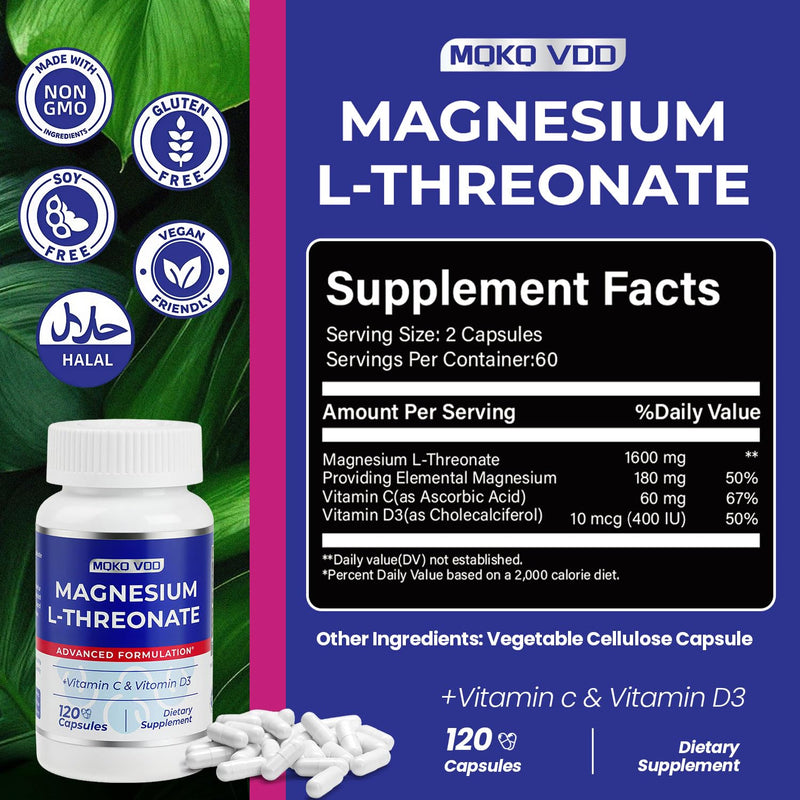 Magnesium L-Threonate Vitamin C & D3, 120 Capsules| High Absorption Magnesium for Brain Health, Focus, Calm & Sleep Support | Non-GMO, Gluten Free, Vegan Supplement for Men & Women