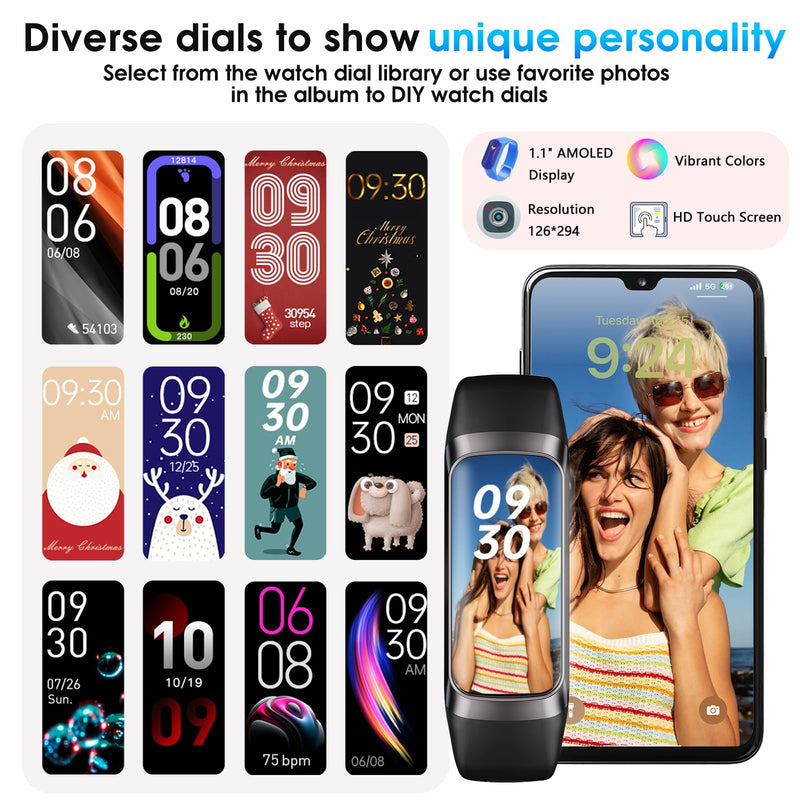 [Australia] - Fitness Tracker, 24/7 Heart Rate Blood Oxygen Blood Pressure Body Temp Monitor Sleep Calorie Tracker with 1.1" AMOLED Touch Color Screen Pedometer Smart Watch Waterproof for Women Men Black 