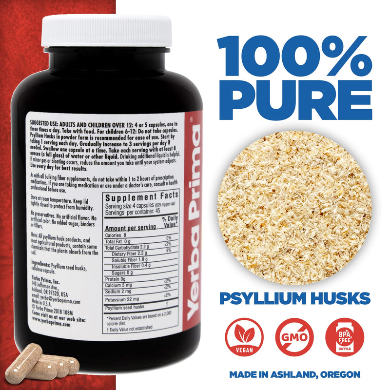 [Australia] - Yerba Prima Psyllium Husks, 180 Veg Capsules (625mg) - Vegan, Non-GMO, Gluten Free, Colon Cleanser, Daily Fiber Supplement for Gut Health & Regularity 180 Count (Pack of 1) 