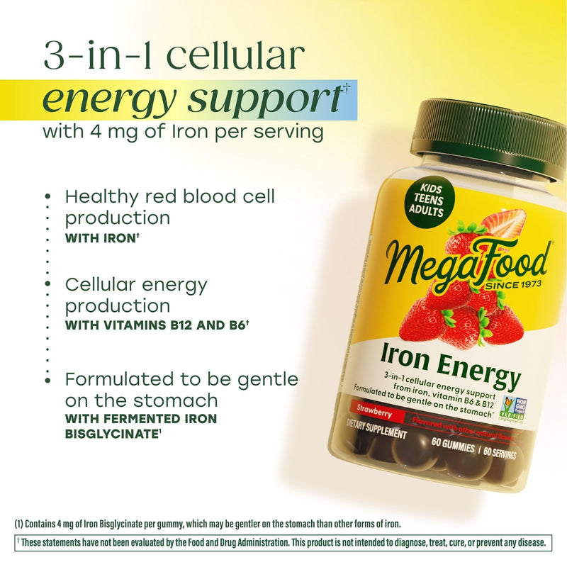 MegaFood Iron Energy Gummies, Energy Support, Vegan, Strawberry, 60 Gummies | Iron Supplement for Women, Men, Teens and Kids with Gentle Iron Bisglycinate, Vitamin B12 & Vitamin B6, Non-GMO, 60 Servings