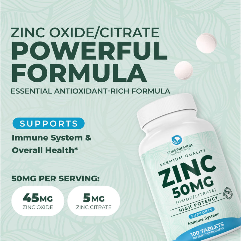 PurePremium Natural Zinc 50mg Supplements for Men/Women - GMP-Certified High Potency Vitamin Zinc Citrate/Oxide for Adults, Immune Antioxidant, Energy Support - 100 Tablets (Pack of 2) 1 Count (Pack of 200)