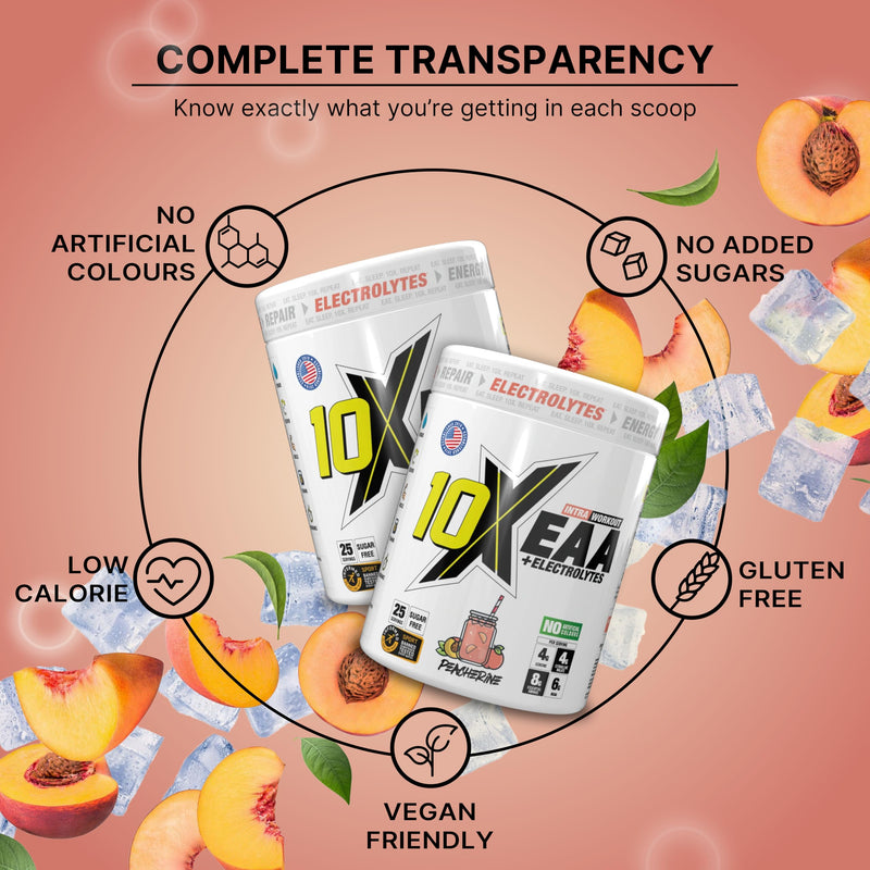 10X Athletic EAA Essential Amino Acids - Peacherine, Muscle Recovery & Hydration, 450g, Vegan, Gluten & Lactose-Free, Supports Muscle Growth,Informed-Sport Certified