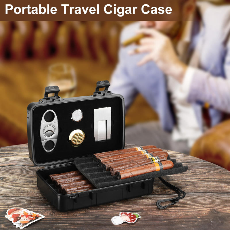 [Australia] - Travel Cigar Case Holds 10 Cigars, Portable Cigar Humidor includes Cigar Cutter, Humidifier, Hygrometer - Cigar Accessories Set for Men (Black) Black 
