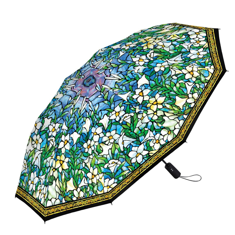 Windproof Auto Open/Close 43" Coverage Folding Travel Umbrella Fine Art Tiffany Field of Lilies Reinforced Rib Travel Umbrella w/Matching Sleeve