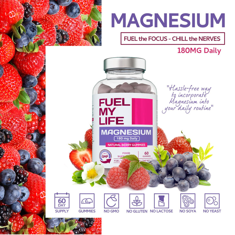 Magnesium Gummies, Providing 180mg Daily dose of Elemental Magnesium from Citrate - 60 Natural Berry Flavour Chewable Yummy Gummies for Better Sleep, Muscle and Nerve Support - UK Made