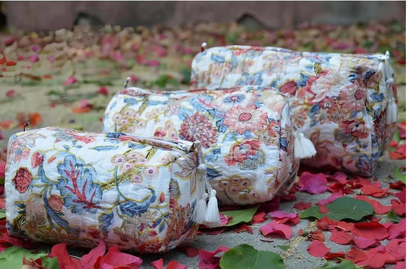 INDACORIFY Indian Cotton Floral Print Toiletry Bag Set of 3 Pieces Quilted Travel Shaving Kit Make up Pouch