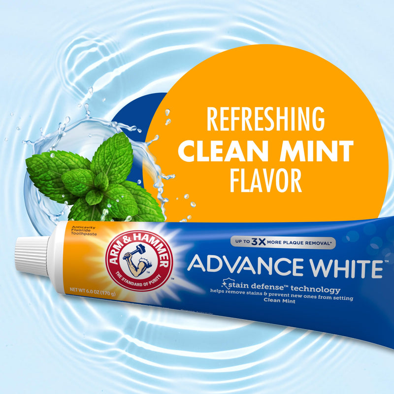 [Australia] - ARM & HAMMER Advance White Toothpaste, Teeth Whitening Baking Soda Toothpaste with Stain Defense Technology and Fluoride, Clean Mint Flavor, 6.0 Oz (4 Pack) 6 Ounce (Pack of 4) Tooth Cleaning Agent 