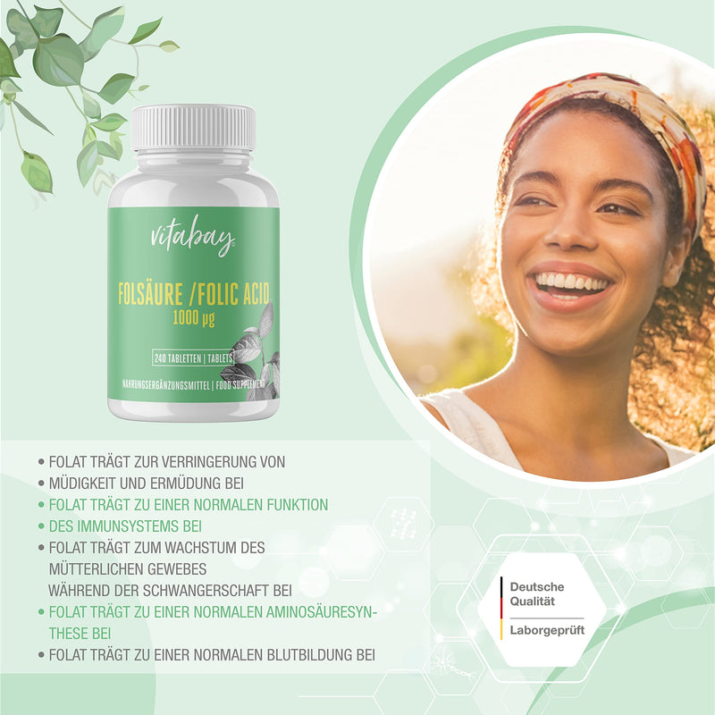 Vitabay Folic Acid Tablets 1000mcg | 240 Vegan Tablets | High Strength & High Bioavailability Folate Tablets | Lab-Tested