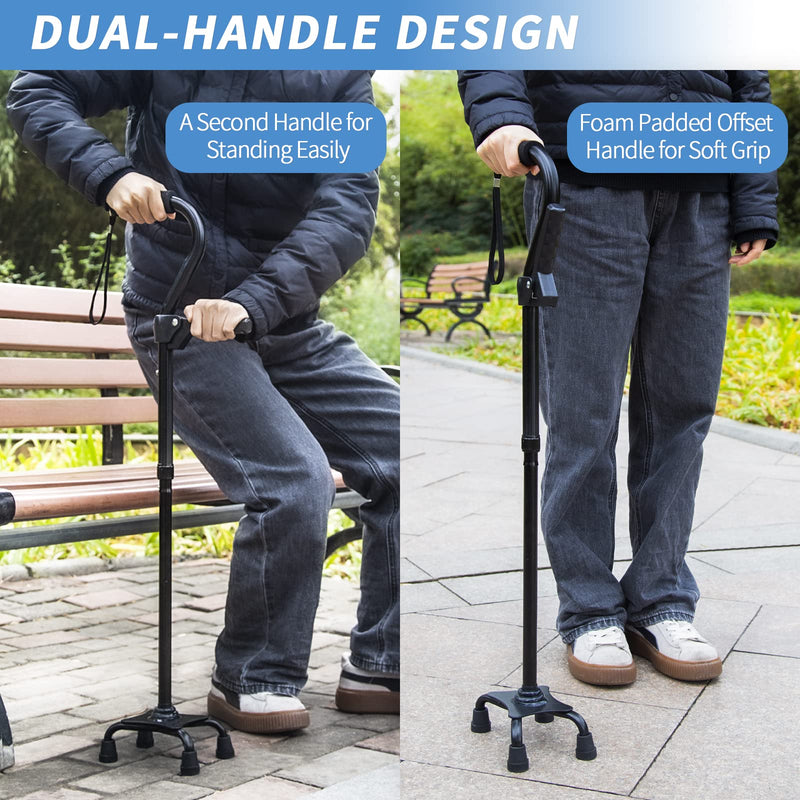 [Australia] - Adjustable Walking Cane for Men & Women with 4-Pronged Base for Extra Stability - Foldable Cane for Seniors with Foam Padded Offset Handle for Soft Grip & a Second Handle for Standing Black 