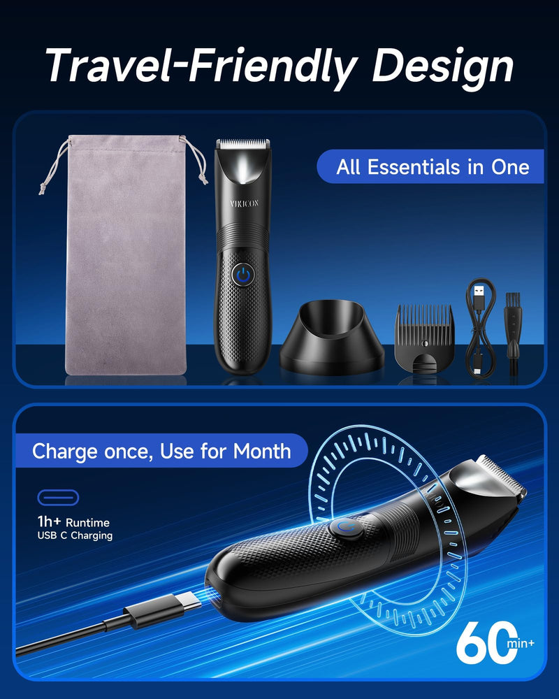 VIKICON Manscape Trimmer for Men - No Nicks Electric Razor-Shaver for Balls/Pubic/Groin/Legs/Chest Hair Removal w/Light & Ceramic Blade, IPX7 Waterproof Body Groomer USB-C Charging, Gifts for Him Dad Black