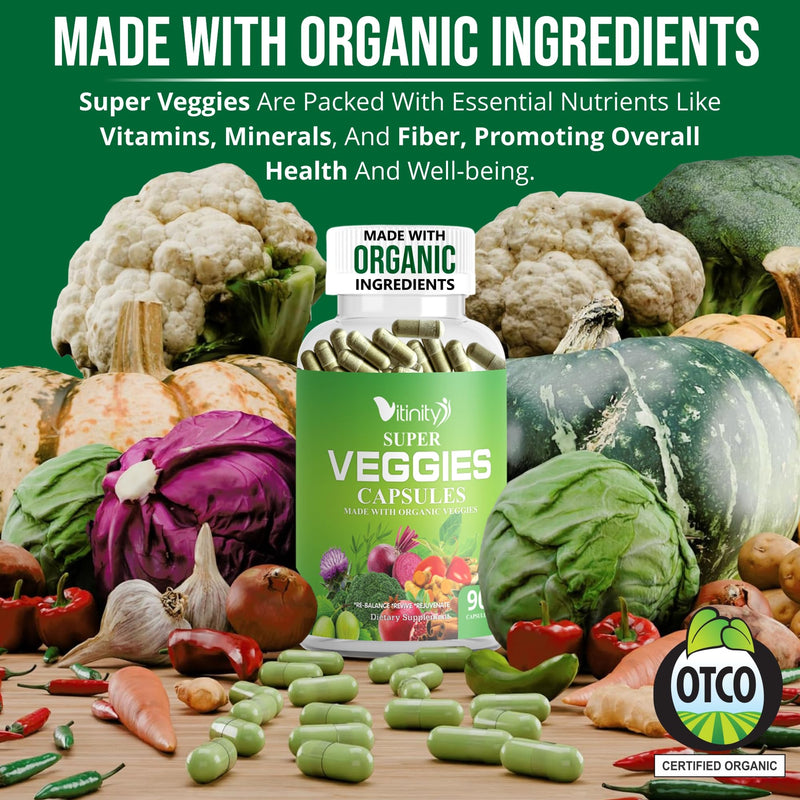 Made with Organic Fruits & Veggies Capsules-Superfood Vegetable Vitamin Supplement for Women & Men-Blend of Fruits and Greens for Daily Health.Fruits and Vegetables Supplements (30-Day Supply) 90 Count (Pack of 2)