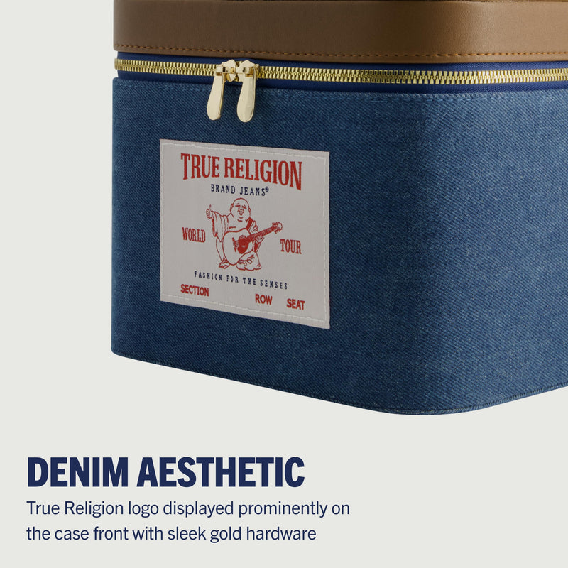 True Religion Women's Makeup Bag, Small Travel Cosmetic Zipper Pouch Organizer Denim