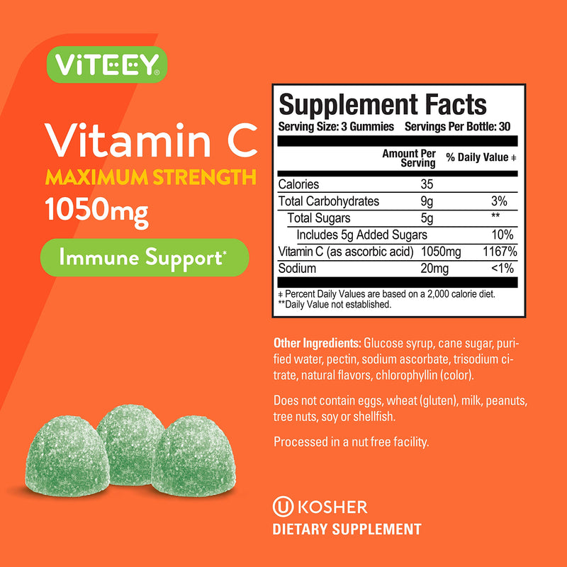 Viteey Chewable Vitamin C Gummies for Adults - 1050mg Maximum Strength | Immune Support Supplement - Vegan, Gluten Free - 90 Count Maximum Strength [1050mg]