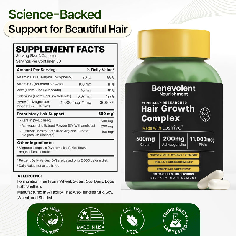 Benevolent Lustriva Hair Growth Supplement with Keratin & Biotin – 90 Count | Advanced Hair Vitamins for Thicker-Looking, Stronger Strands, Support for Stress-Related Thinning in Women & Men 90 Count (Pack of 1)
