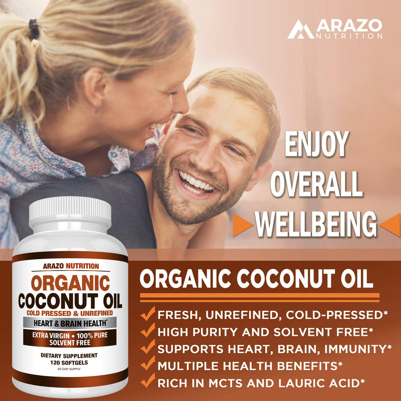 [Australia] - Arazo Nutrition Organic Coconut Oil 2000 MG - 100% Extra Virgin Unrefined Cold Pressed for Weight Support, Skin, Hair, Nails - 120 Softgel Capsules 120 Count (Pack of 1) 