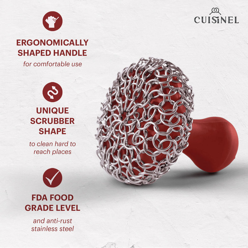 [Australia] - Cuisinel Cast Iron Chainmail Scrubber + Pan Scraper - The Patented Original Ergonomic Stainless & Silicone Pot & Skillet Cleaner - Premium Food-Safe Design - Easy Clean Dishwasher Safe Cookware Sponge Standard Red Chainmail + Scraper 