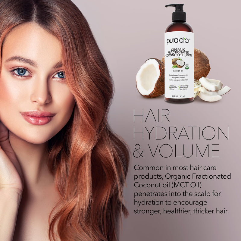 [Australia] - PURA D'OR 16 Oz ORGANIC Fractionated Coconut Oil - MCT Oil - 100% Pure & Natural USDA Certified Cold Pressed Carrier Oil - Unscented, Hexane Free Moisturizer For Face, Skin & Hair Tonic - Men & Women 